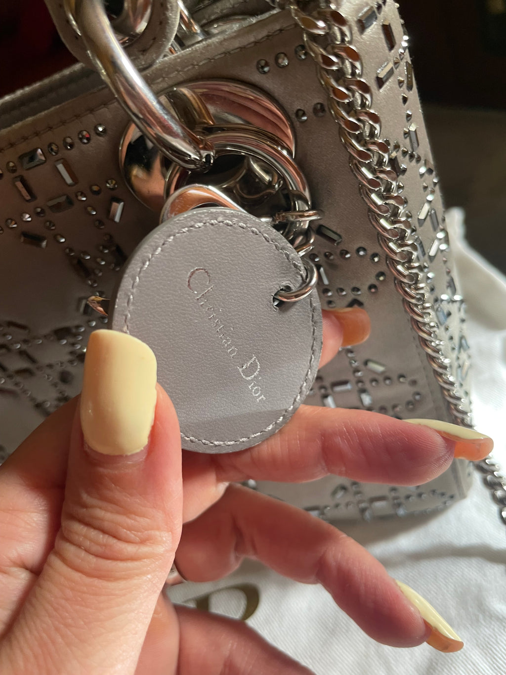 Mini Lady Dior in Raso Grigio con Strass e Cristalli - Certificata Entrupy