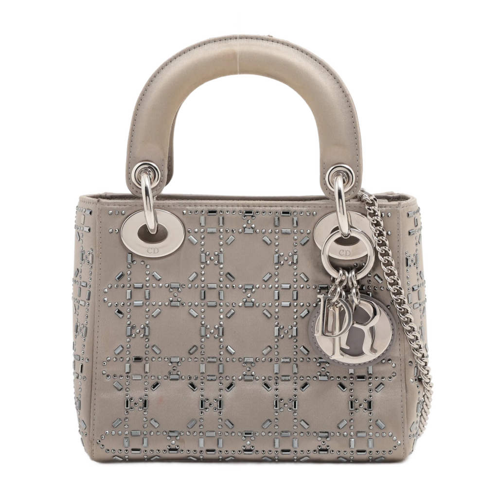 Mini Lady Dior in Raso Grigio con Strass e Cristalli - Certificata Entrupy