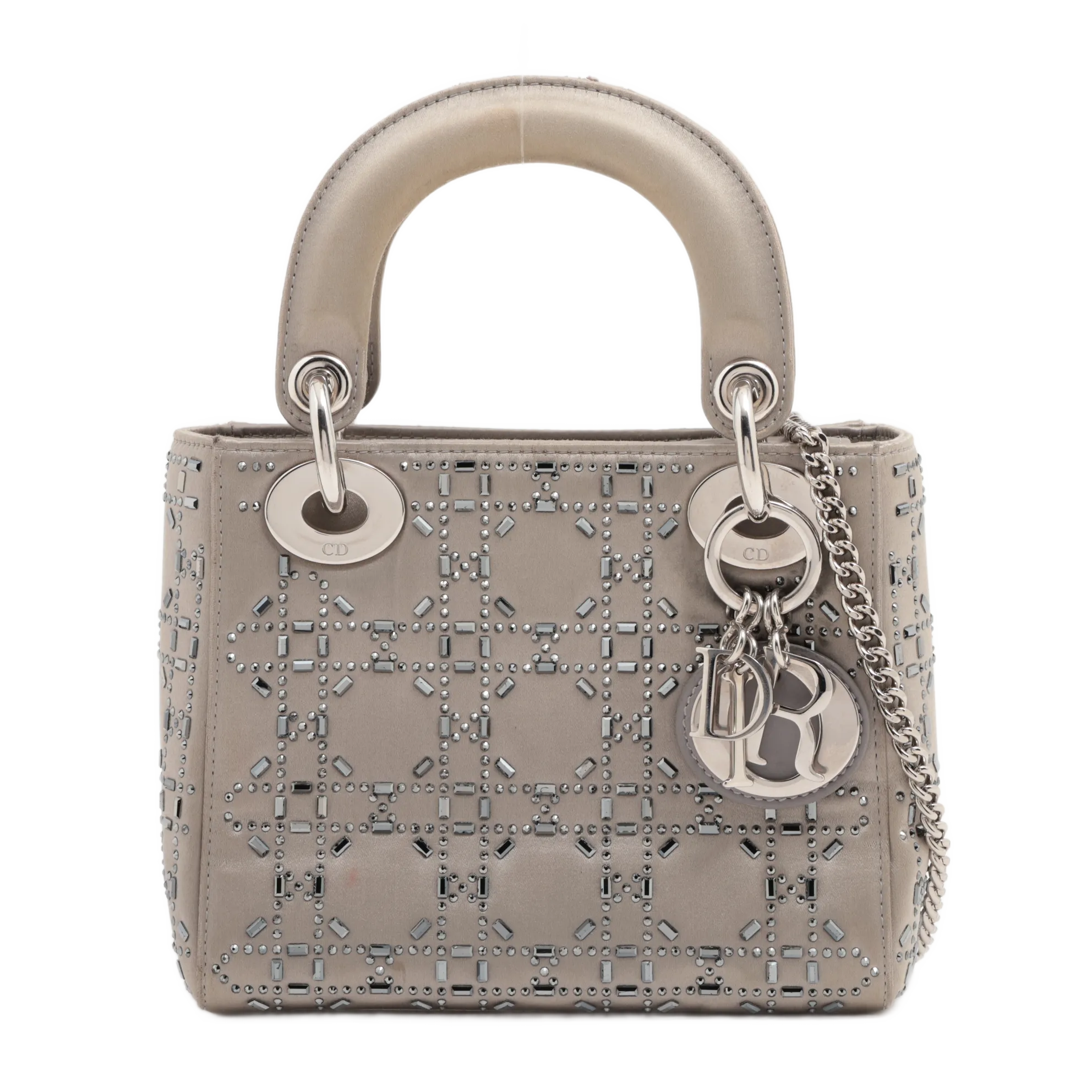Mini Lady Dior in Raso Grigio con Strass e Cristalli - Certificata Entrupy