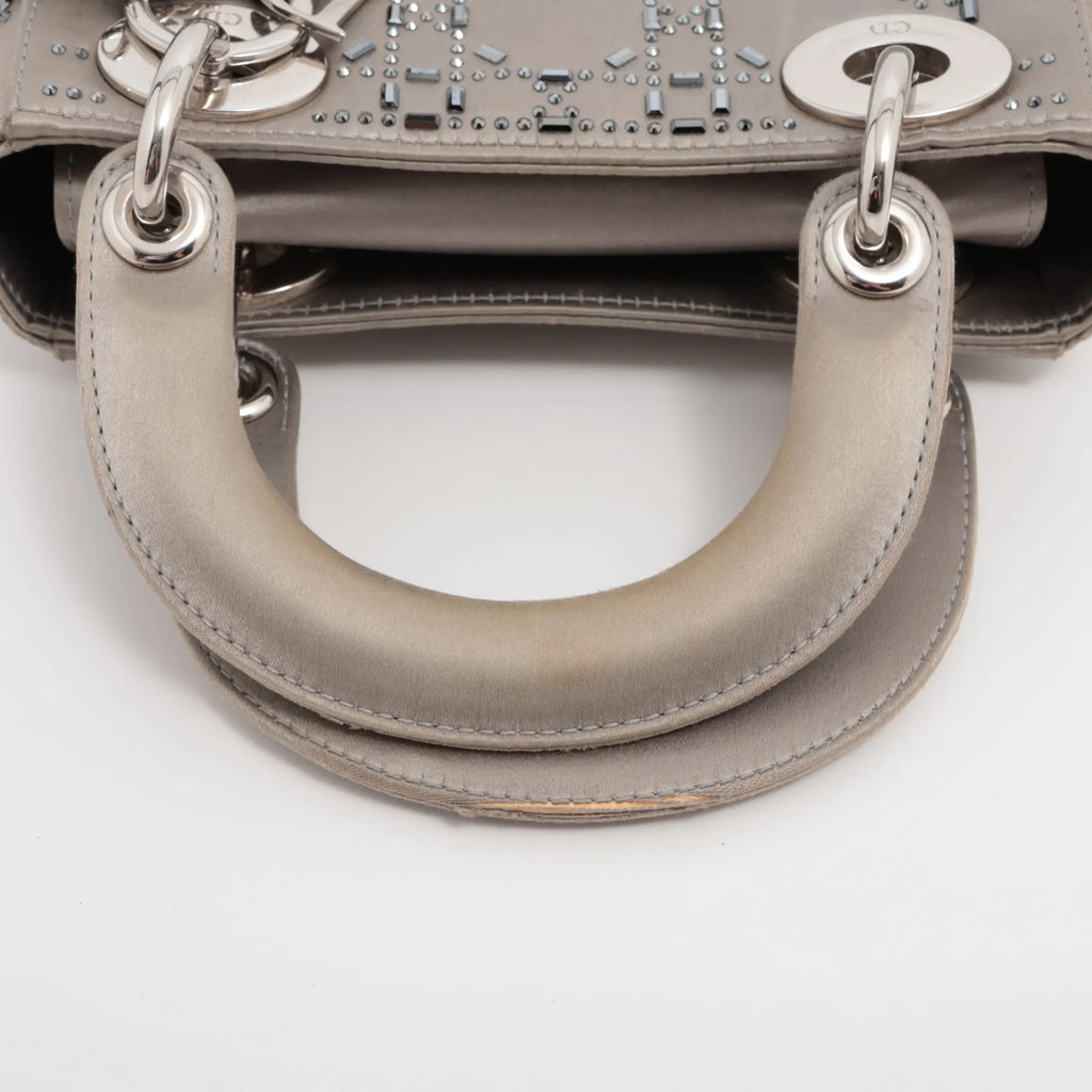 Mini Lady Dior in Raso Grigio con Strass e Cristalli - Certificata Entrupy