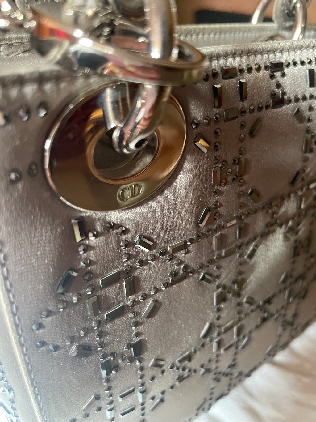 Mini Lady Dior in Raso Grigio con Strass e Cristalli - Certificata Entrupy