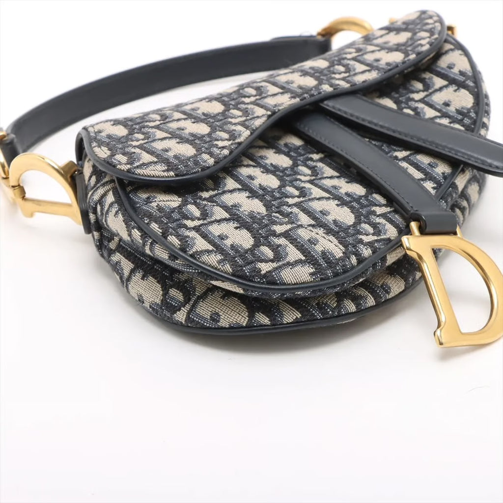 Christian Dior Micro Saddle Bag in Tela Oblique Blu con Tracolla Ricamata