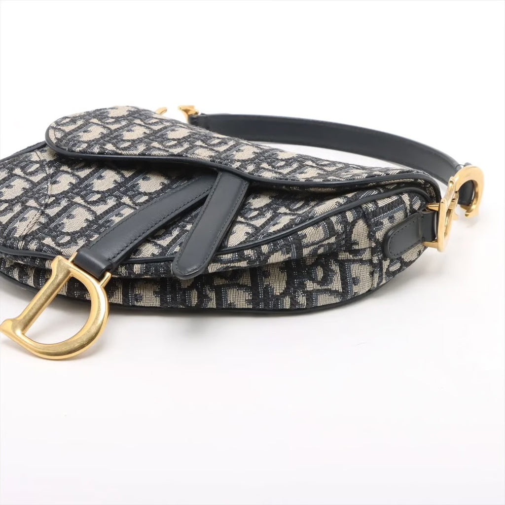 Christian Dior Micro Saddle Bag in Tela Oblique Blu con Tracolla Ricamata