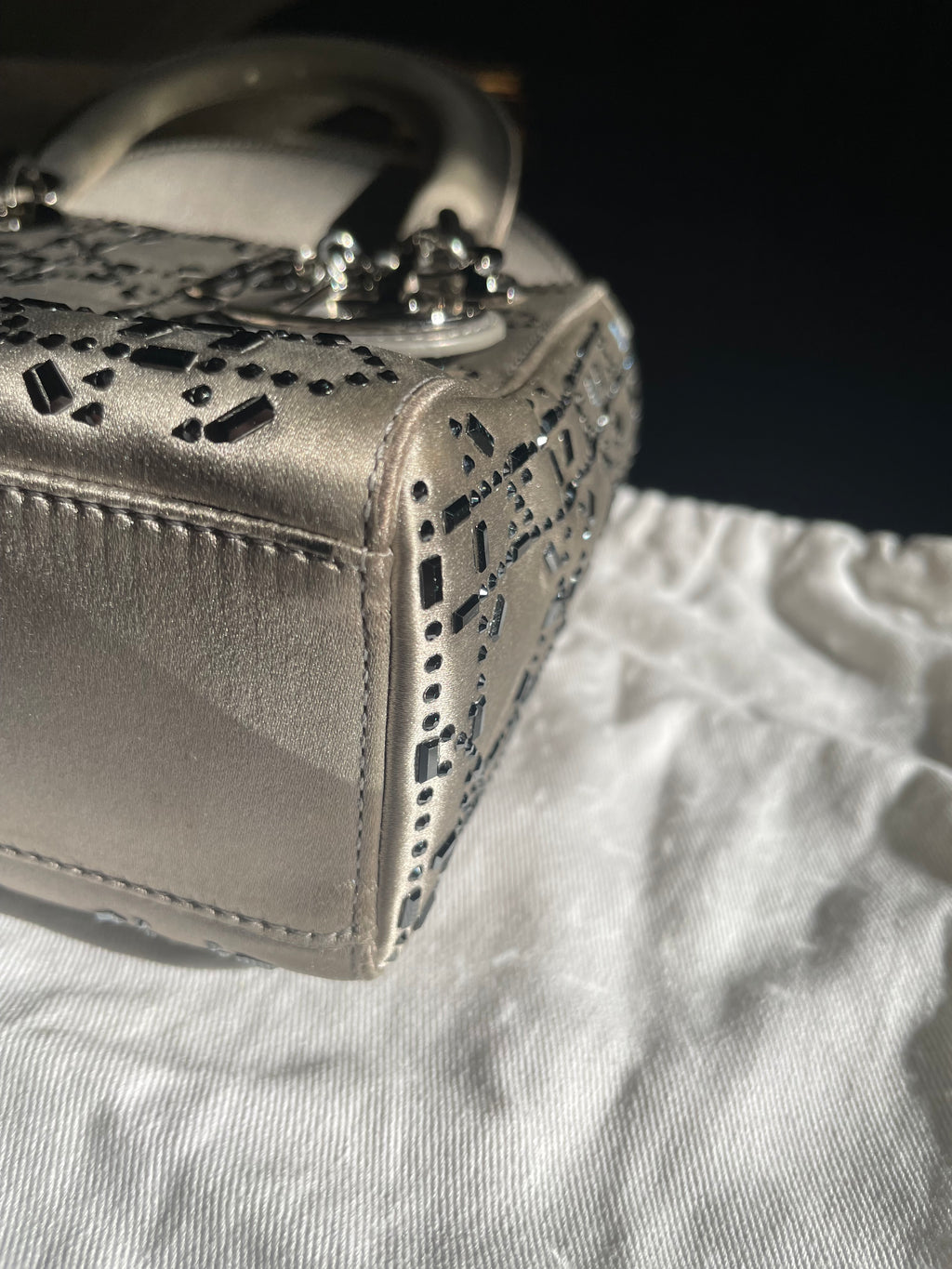 Mini Lady Dior in Raso Grigio con Strass e Cristalli - Certificata Entrupy