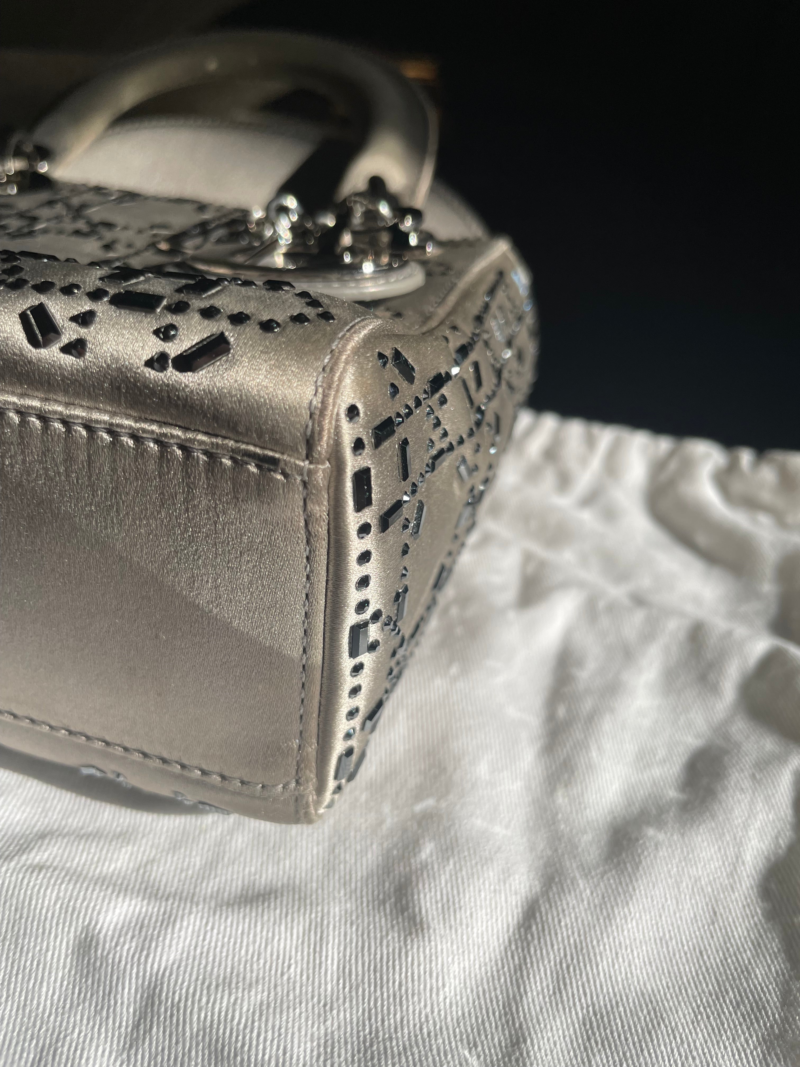 Mini Lady Dior in Raso Grigio con Strass e Cristalli - Certificata Entrupy