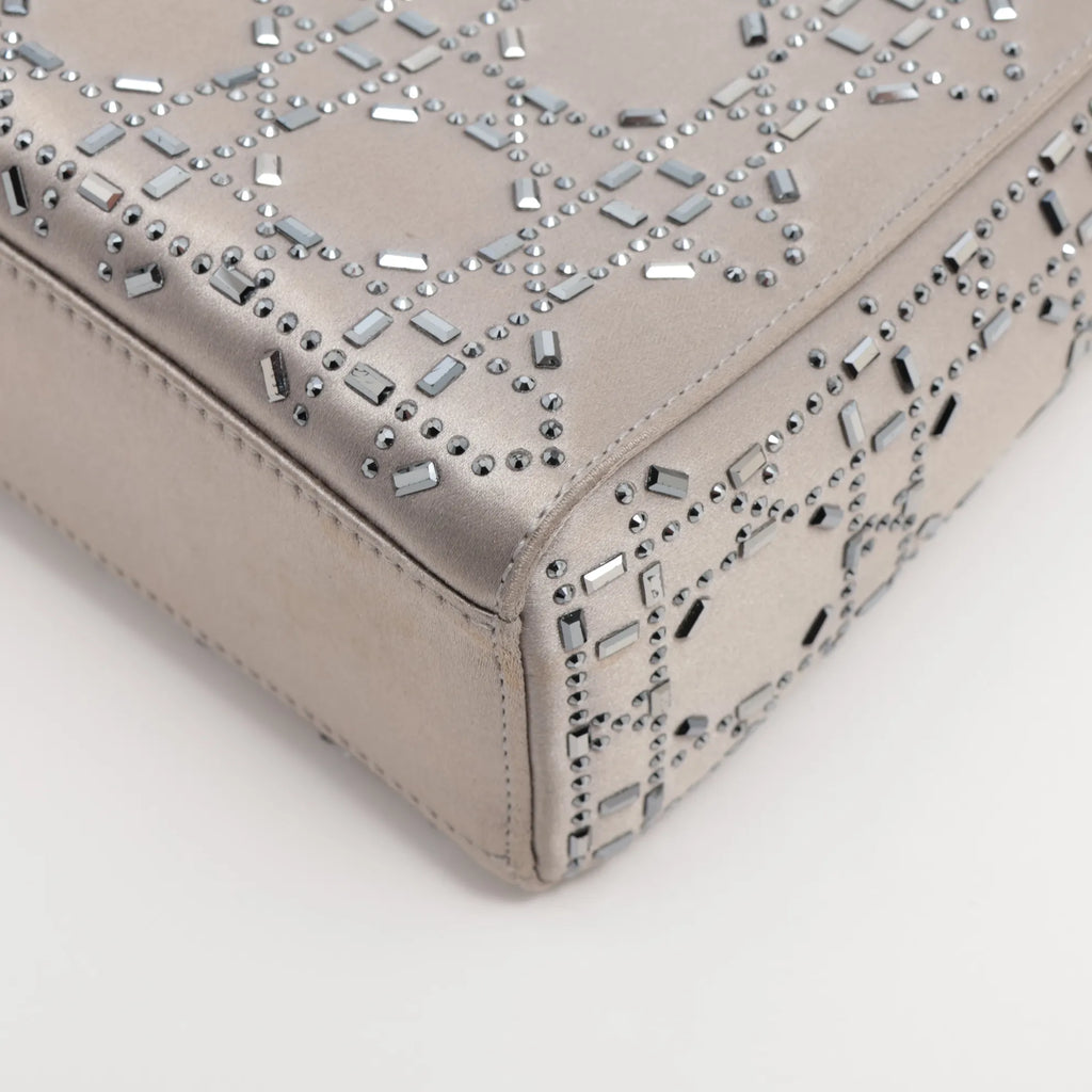 Mini Lady Dior in Raso Grigio con Strass e Cristalli - Certificata Entrupy