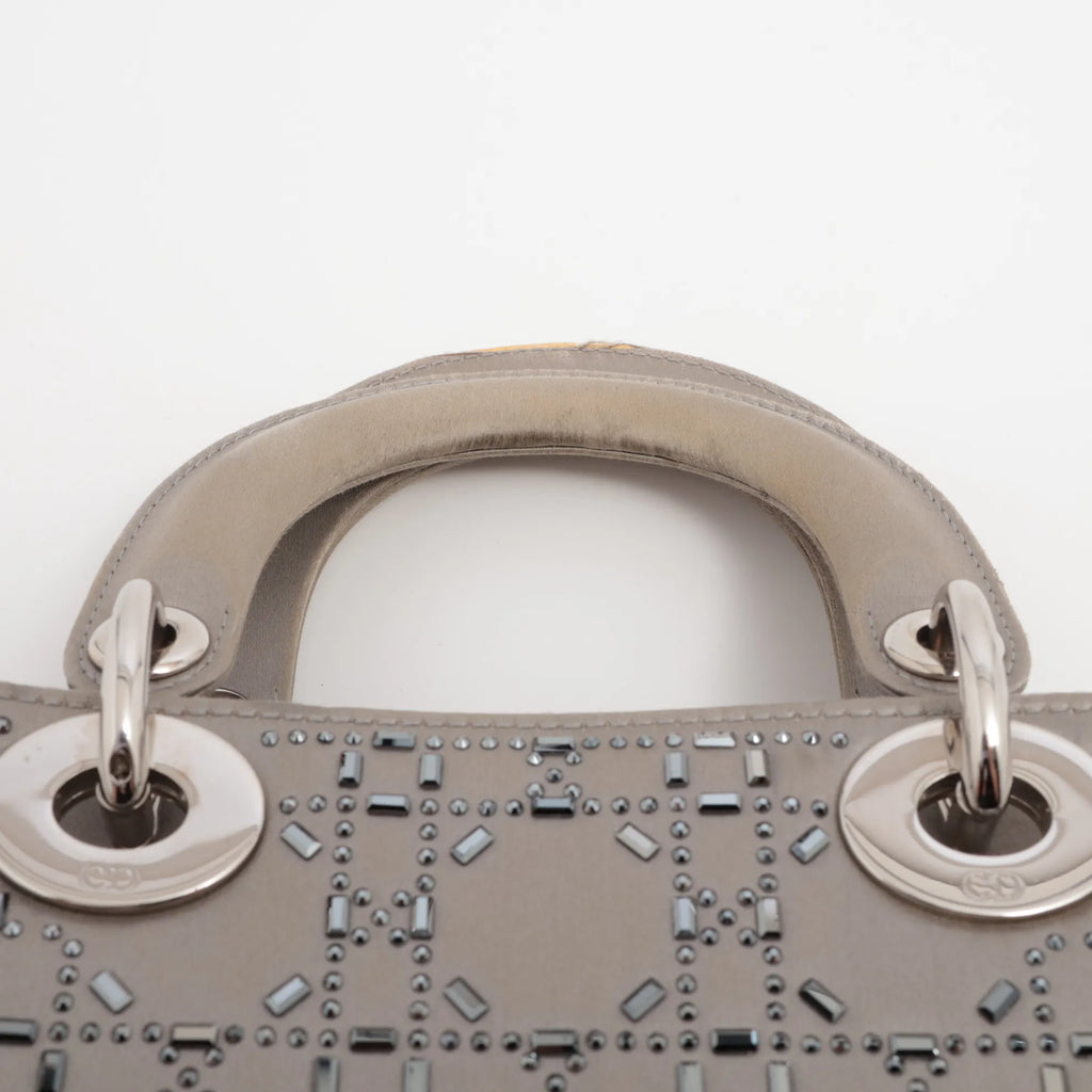 Mini Lady Dior in Raso Grigio con Strass e Cristalli - Certificata Entrupy