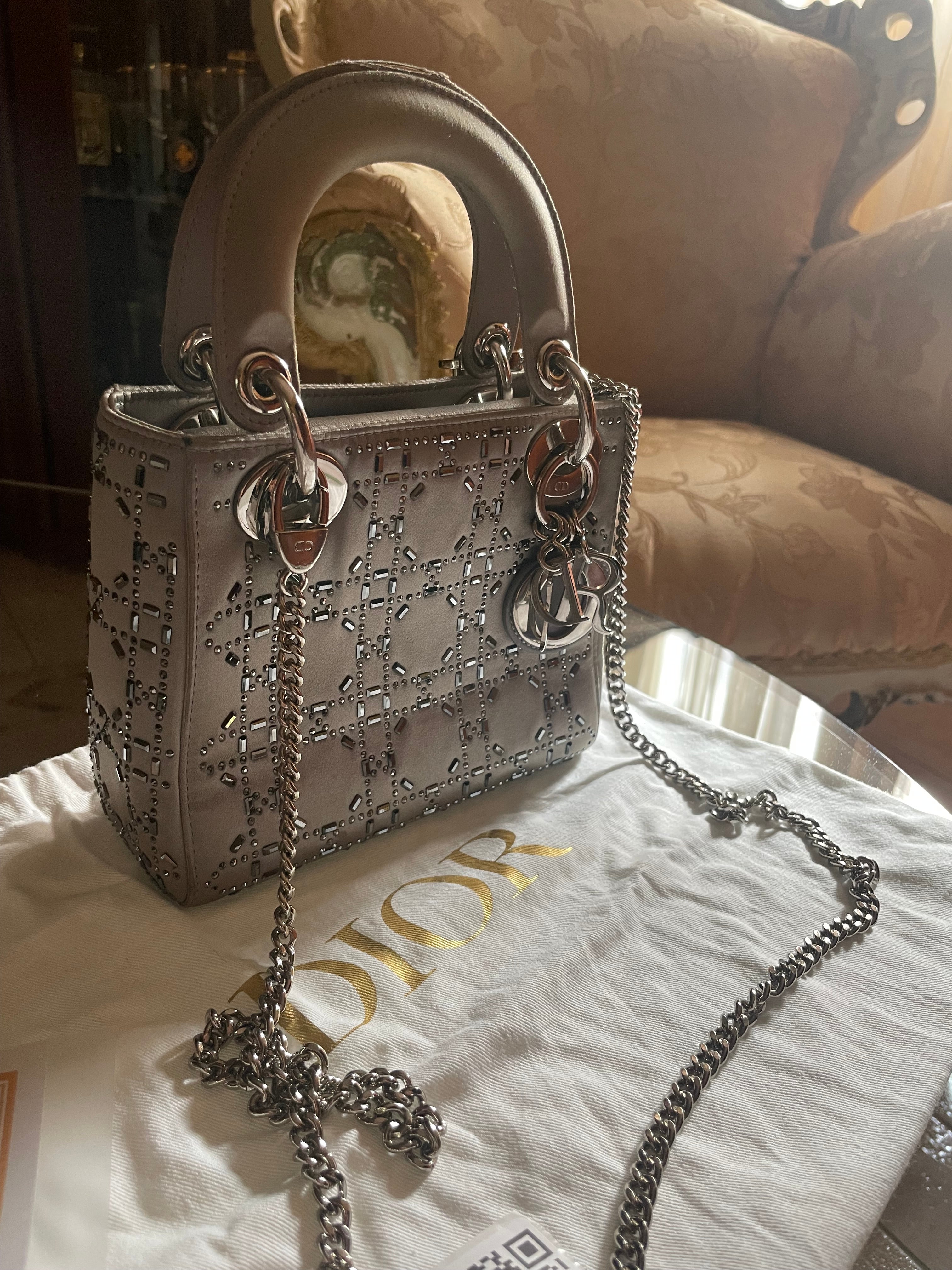 Mini Lady Dior in Raso Grigio con Strass e Cristalli - Certificata Entrupy