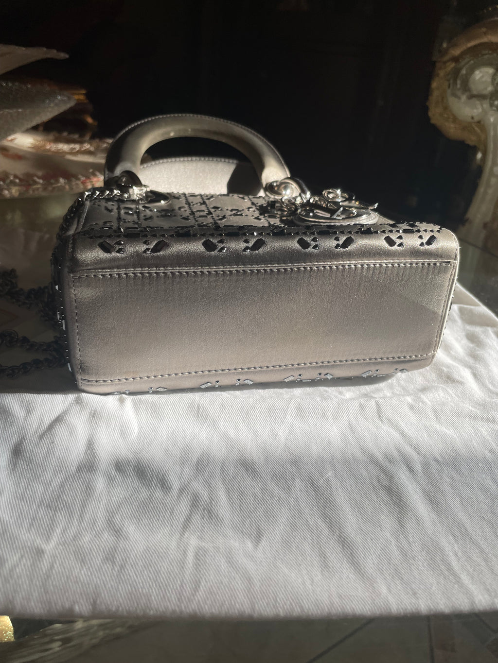 Mini Lady Dior in Raso Grigio con Strass e Cristalli - Certificata Entrupy