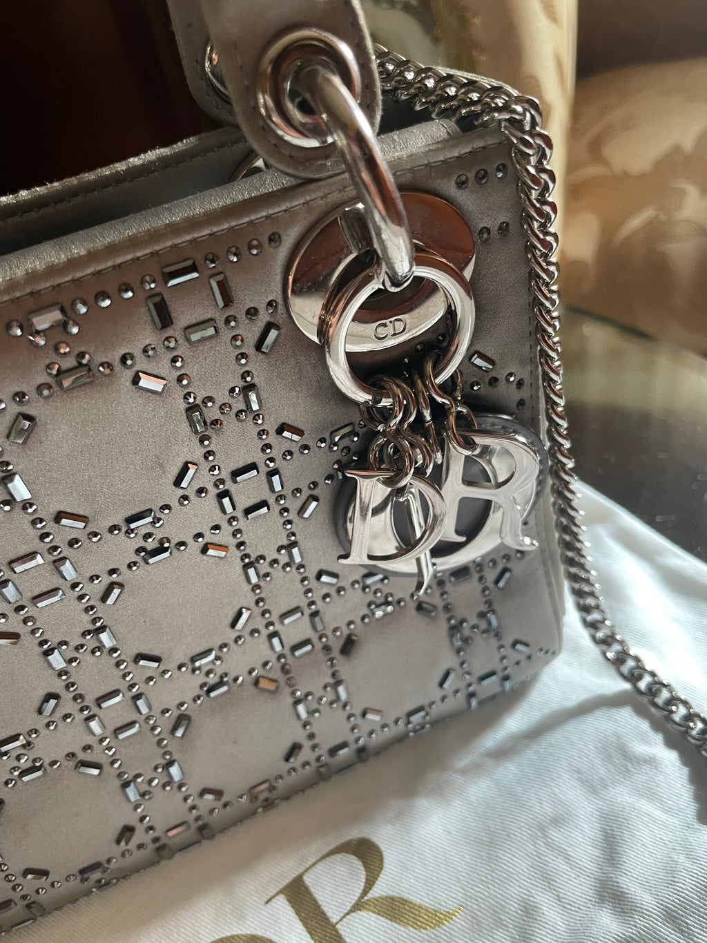 Mini Lady Dior in Raso Grigio con Strass e Cristalli - Certificata Entrupy
