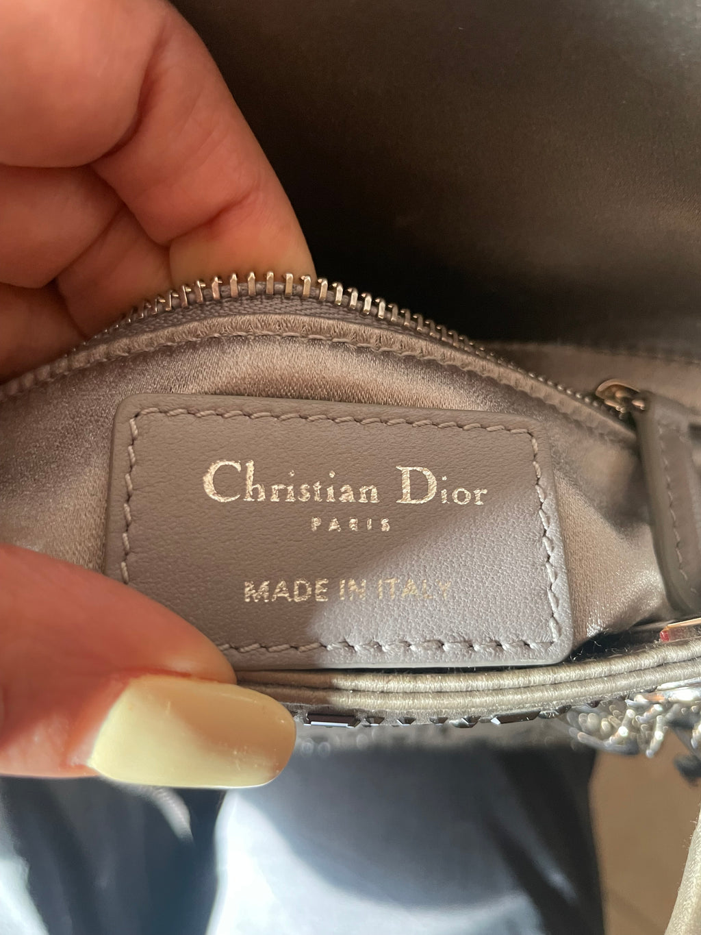 Mini Lady Dior in Raso Grigio con Strass e Cristalli - Certificata Entrupy