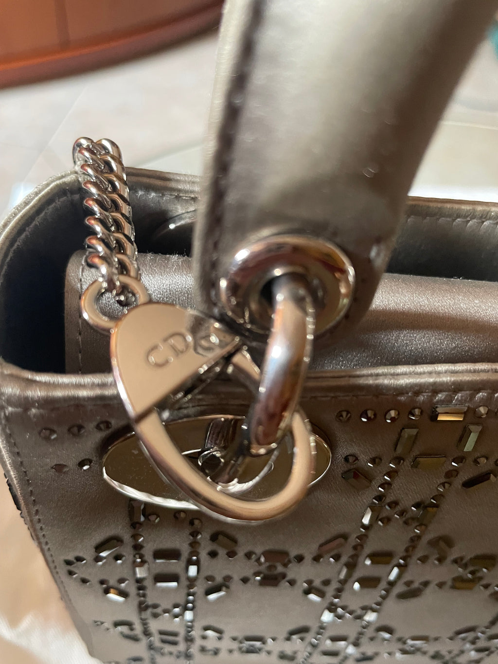 Mini Lady Dior in Raso Grigio con Strass e Cristalli - Certificata Entrupy