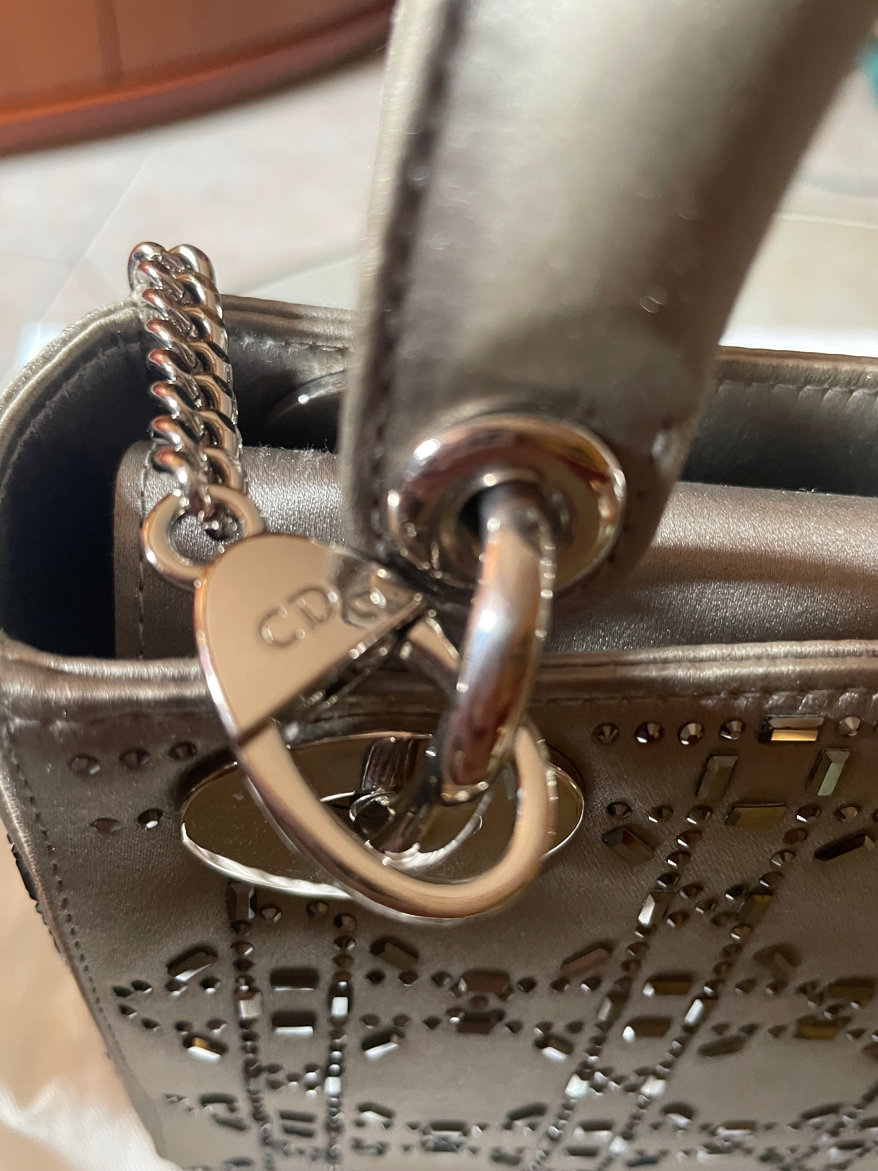 Mini Lady Dior in Raso Grigio con Strass e Cristalli - Certificata Entrupy