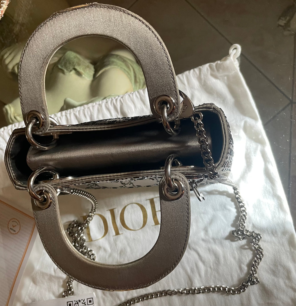 Mini Lady Dior in Raso Grigio con Strass e Cristalli - Certificata Entrupy