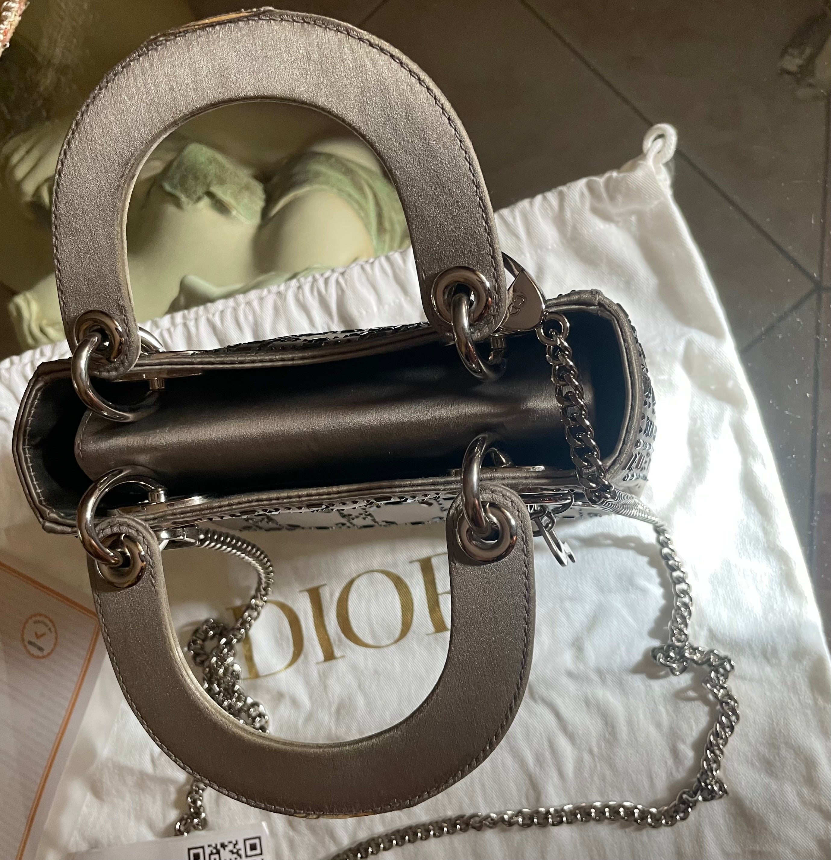 Mini Lady Dior in Raso Grigio con Strass e Cristalli - Certificata Entrupy