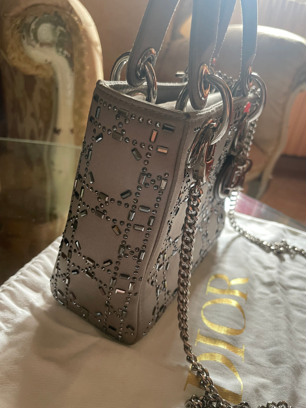 Mini Lady Dior in Raso Grigio con Strass e Cristalli - Certificata Entrupy
