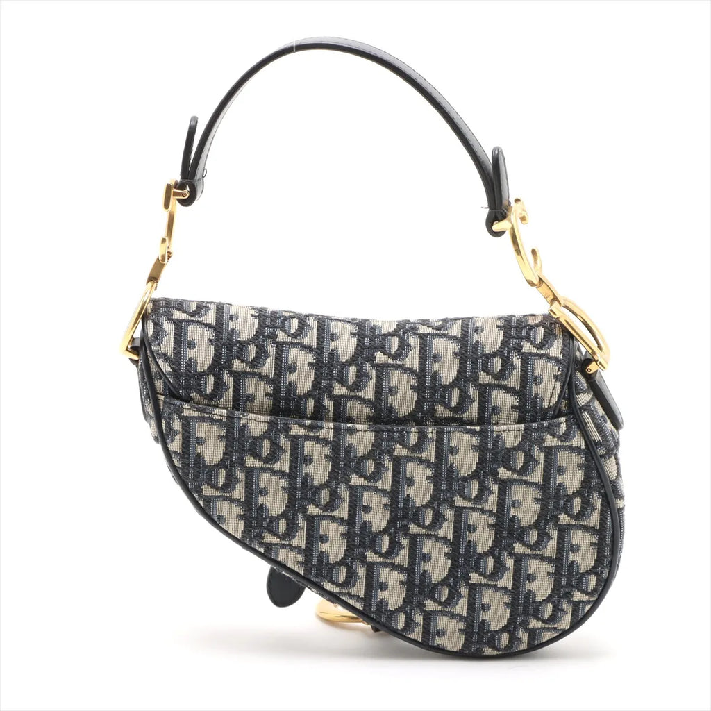 Christian Dior Micro Saddle Bag in Tela Oblique Blu con Tracolla Ricamata