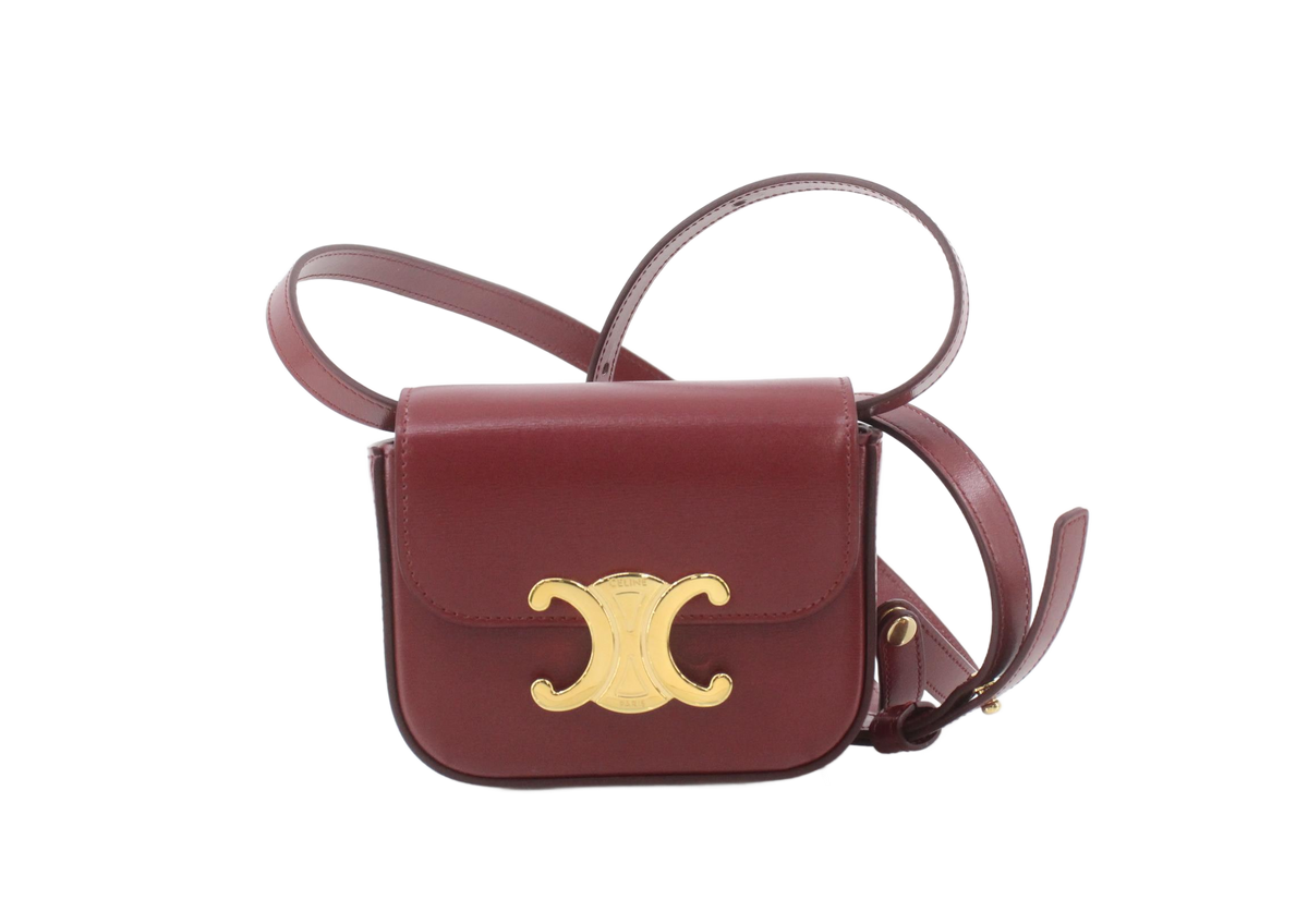 CELINE Mini Triomphe Bag Burgundy Calfskin Gold Hardware Crossbody Authentic