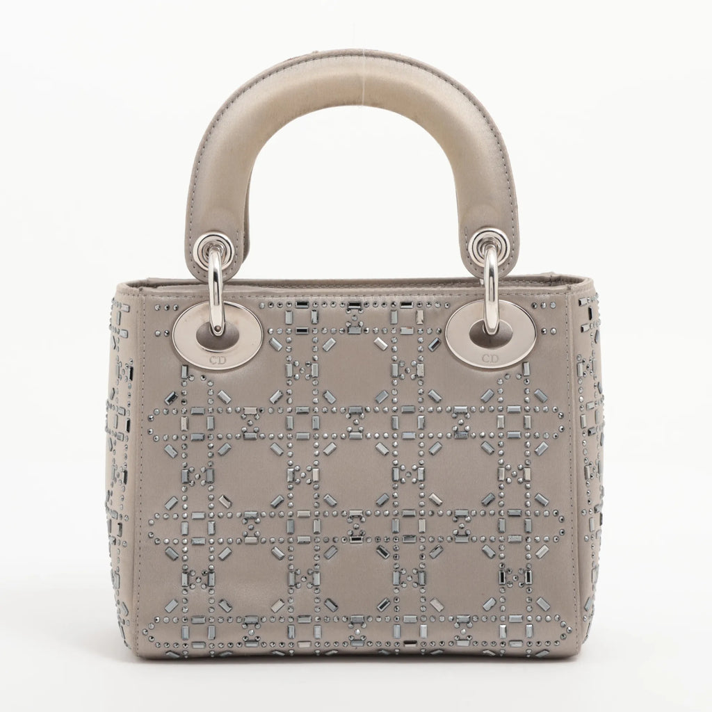 Mini Lady Dior in Raso Grigio con Strass e Cristalli - Certificata Entrupy