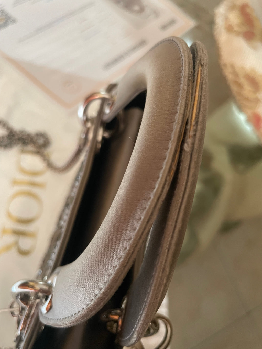 Mini Lady Dior in Raso Grigio con Strass e Cristalli - Certificata Entrupy