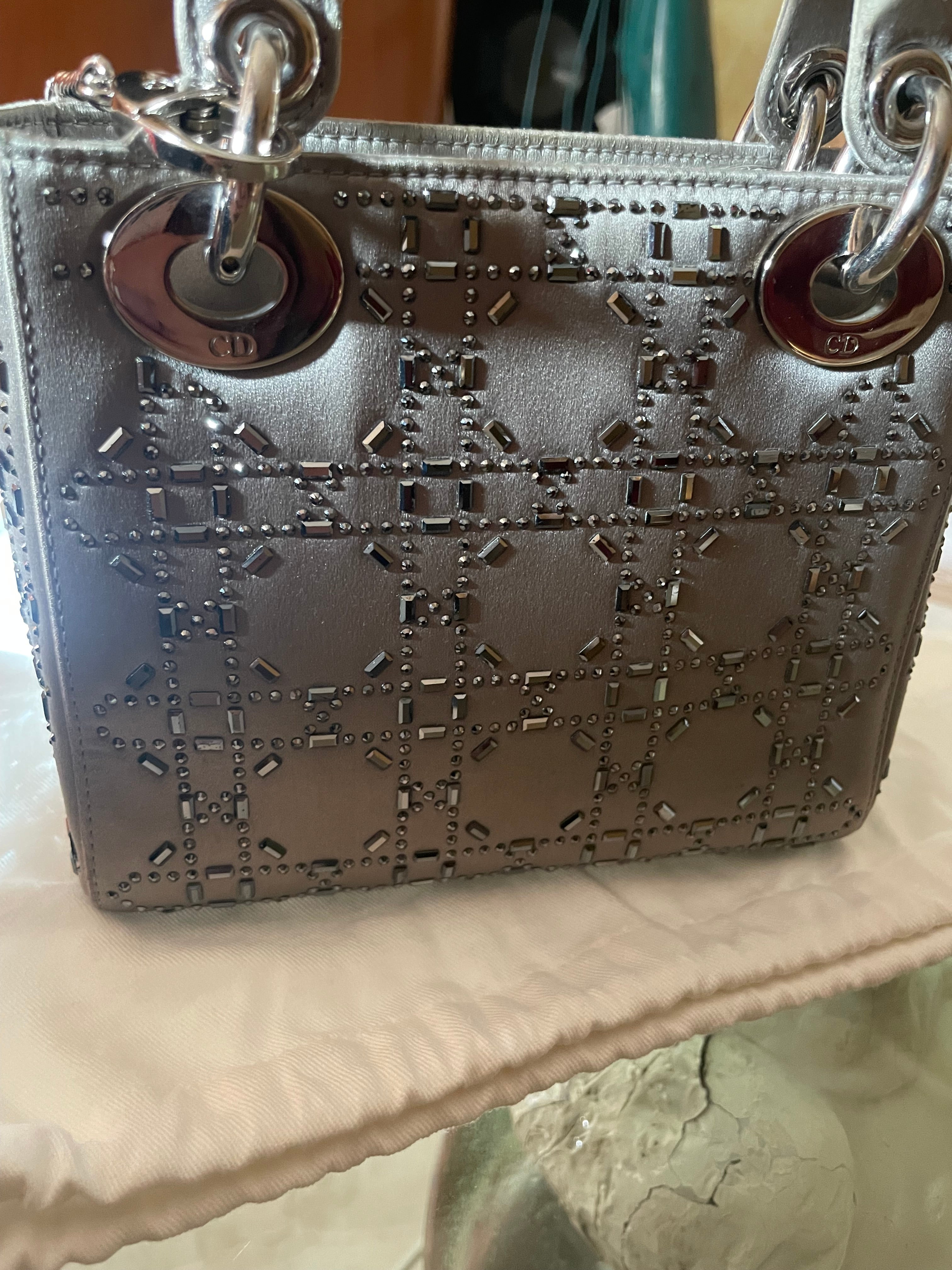 Mini Lady Dior in Raso Grigio con Strass e Cristalli - Certificata Entrupy