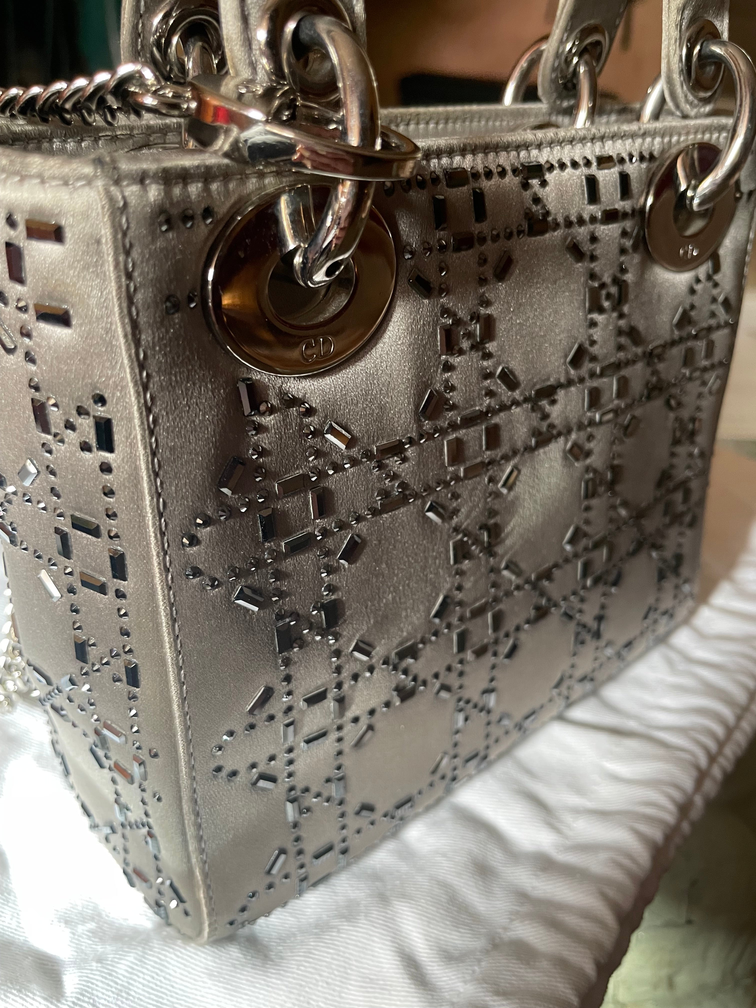 Mini Lady Dior in Raso Grigio con Strass e Cristalli - Certificata Entrupy