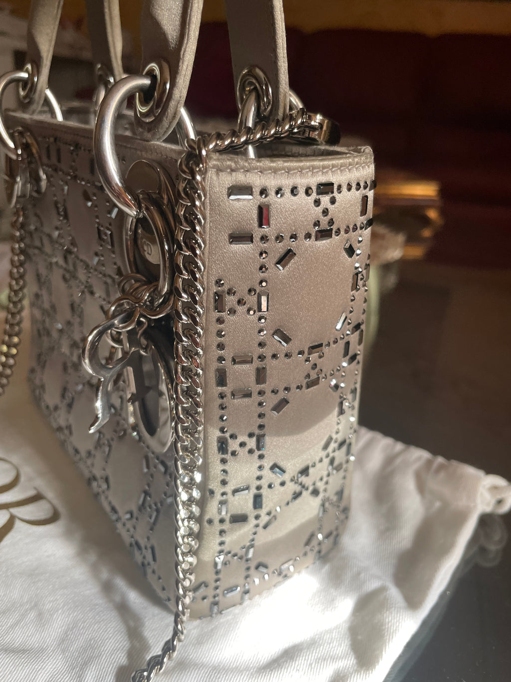 Mini Lady Dior in Raso Grigio con Strass e Cristalli - Certificata Entrupy