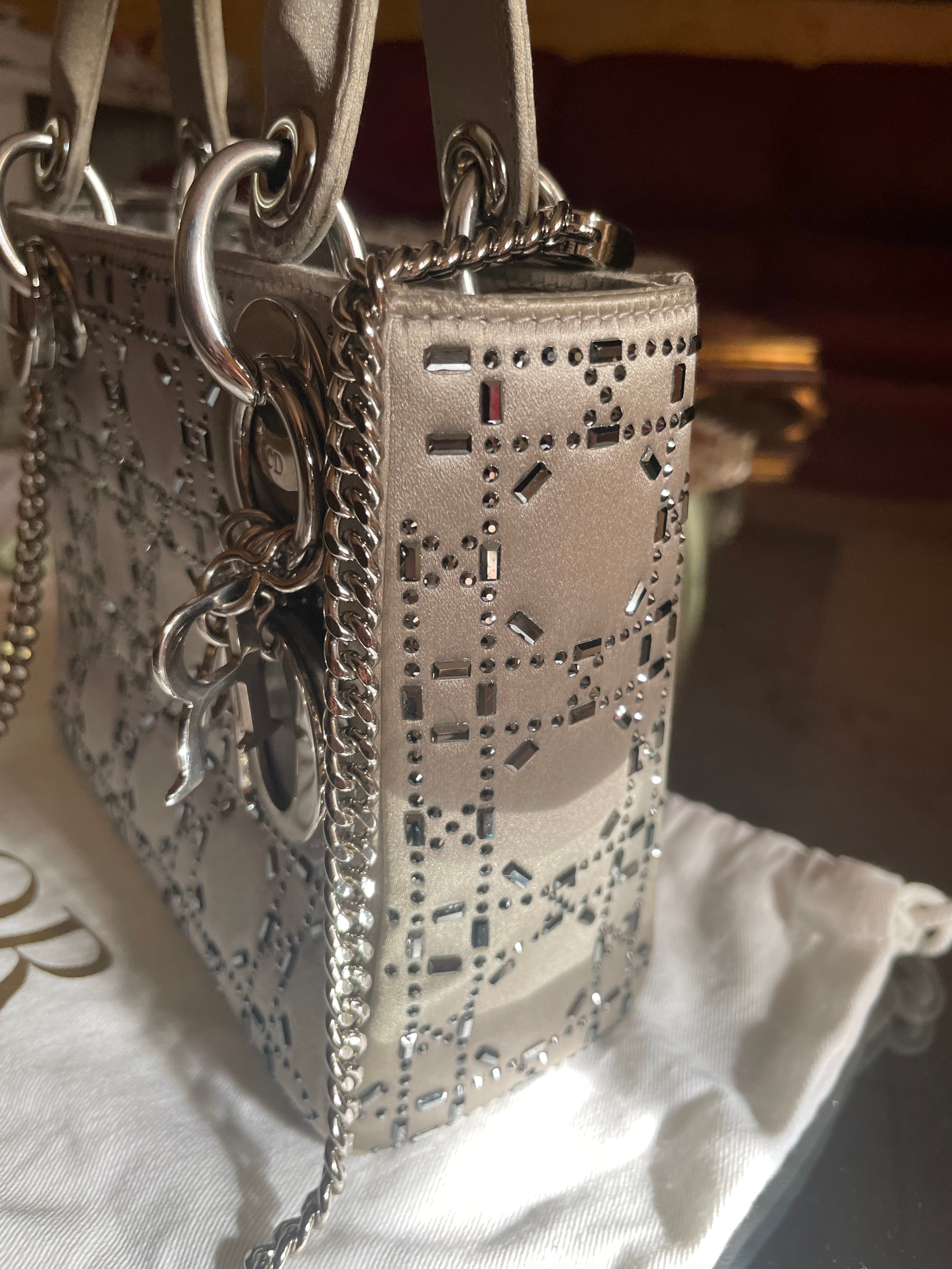 Mini Lady Dior in Raso Grigio con Strass e Cristalli - Certificata Entrupy